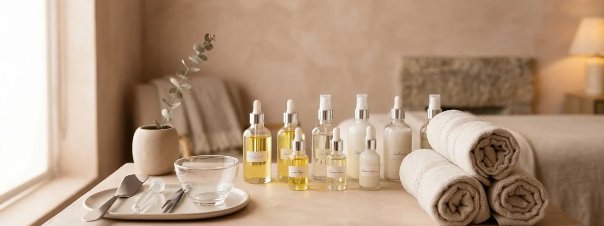 Serene spa preparation space displaying meticulously organized products