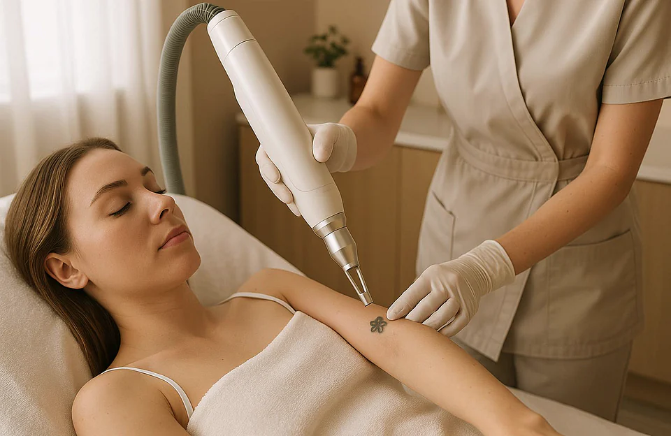 Therapist performing laser tattoo removal