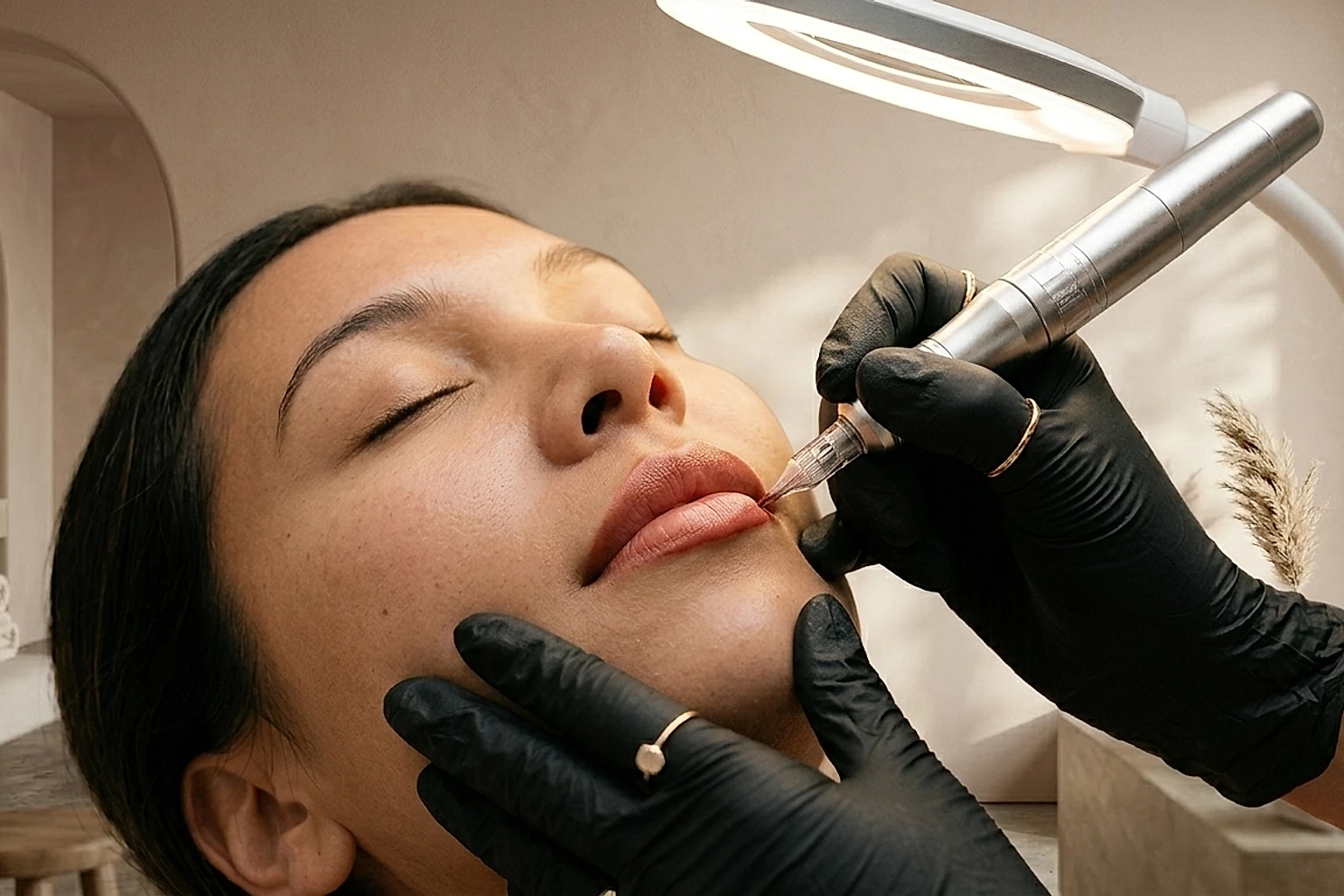 Extreme close-up of a client receiving a precise permanent lip blush treatment
