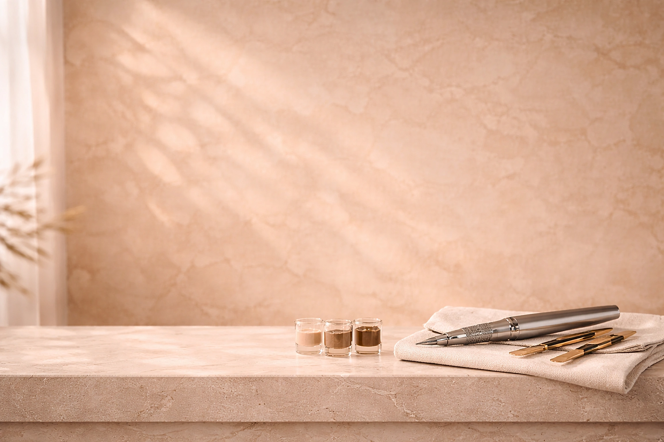 Warm glowing architectural plaster background with precise permanent makeup tools