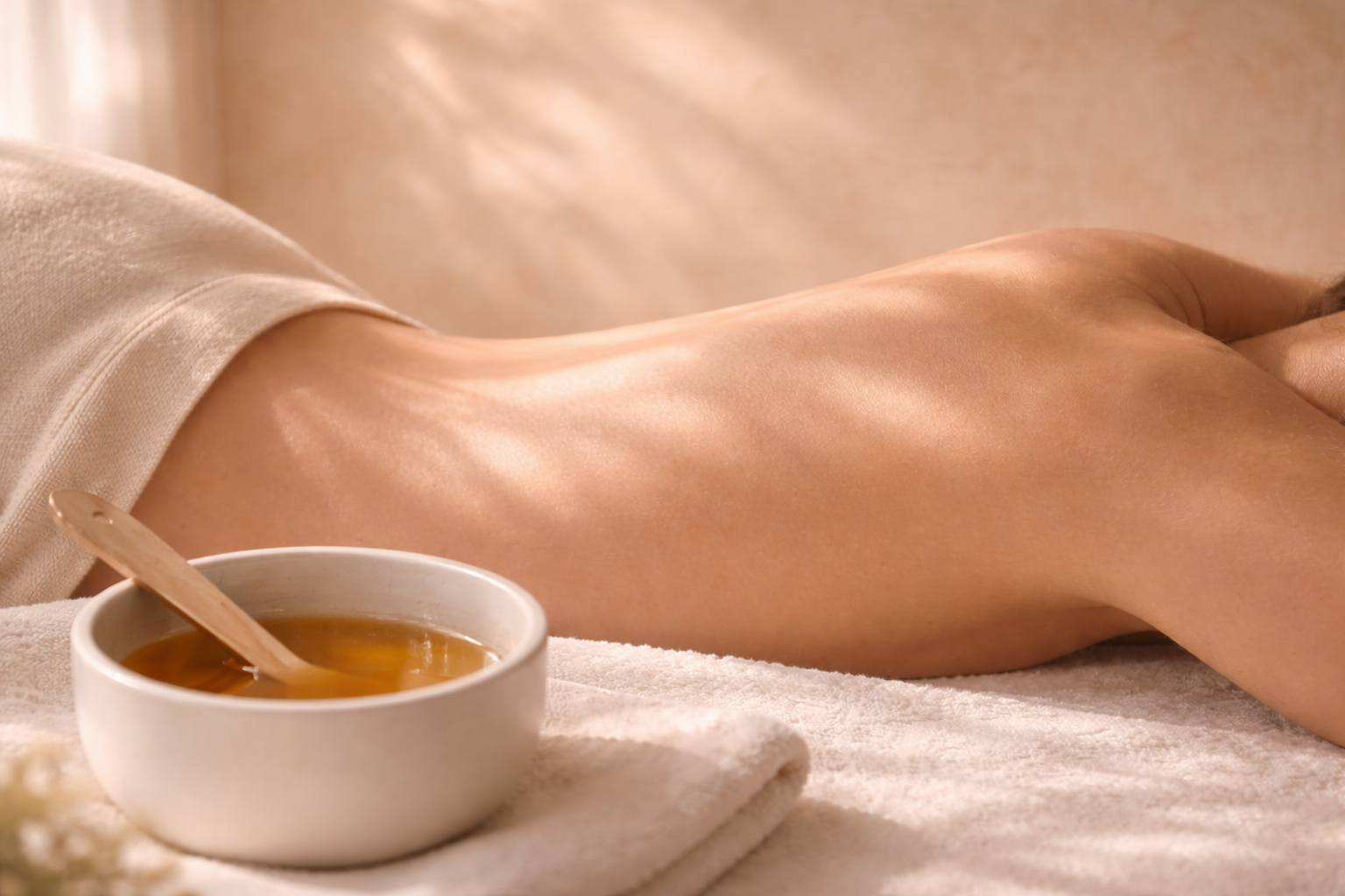 Close-up of flawlessly smooth, glowing skin with warm golden wax